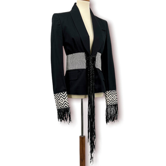 Voyage Italian Black White Geometric Woven Fringe Blazer US 8 IT 44 Designer - Picture 7 of 12